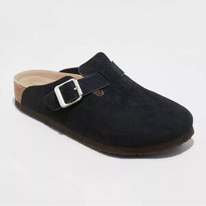 Black Suede Clogs with Buckle